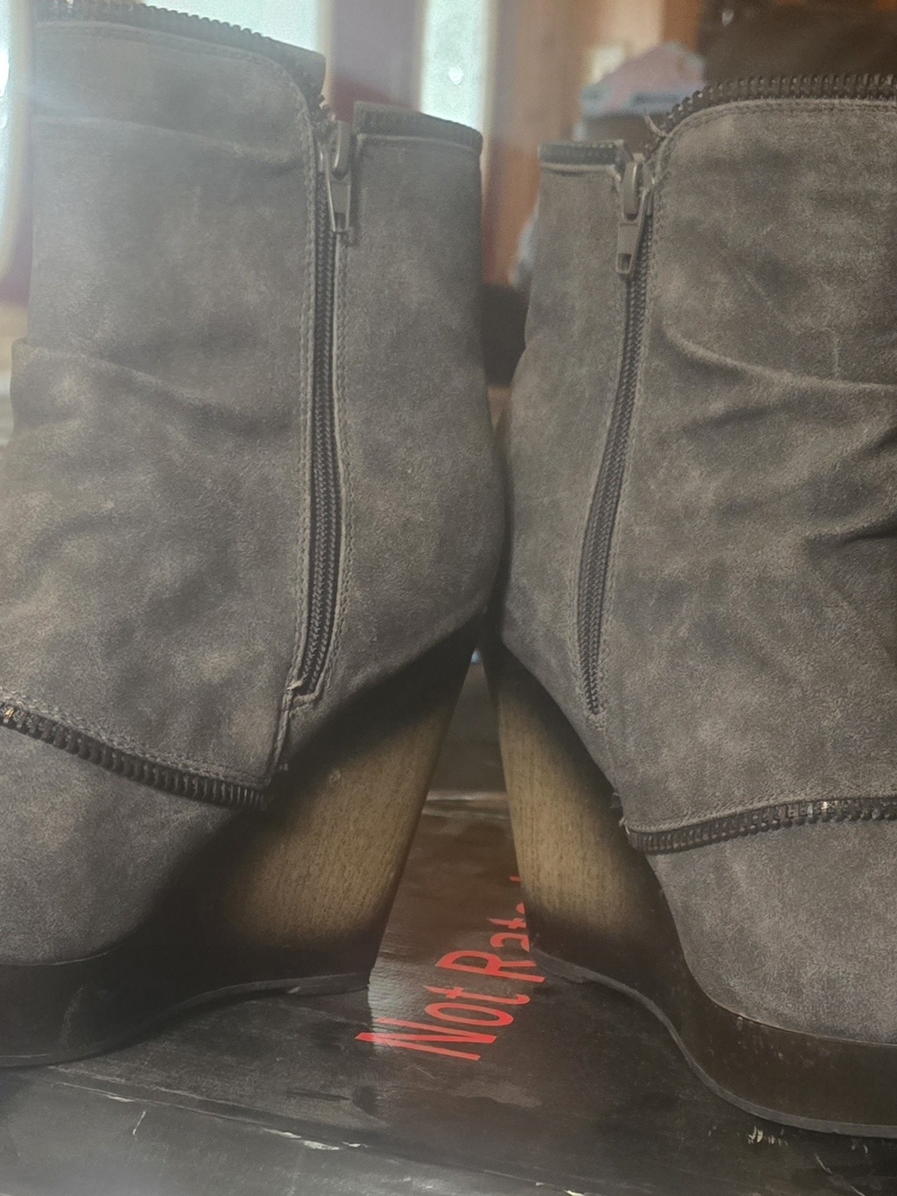 Not Rated Gray Suede Buckle Wedge Ankle Boots - Picture 2 of 12